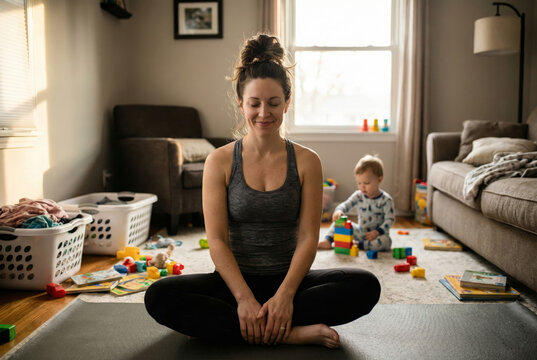 Mother enjoys a moment of calm while her baby plays in the cozy living room