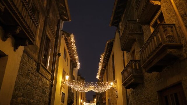 calle estrecha de un casco antiguo, iluminada con luces navide&ntilde;as c&aacute;lidas que bordean los tejados y balcones de edificios de piedra y madera, creando un ambiente festivo y acogedor durante la noche.