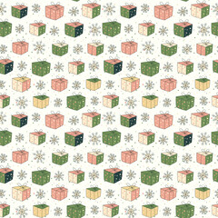 Winter holiday seamless background with gift boxes. Funny cartoon cute pattern with snowflakes, confetti and gifts in a green, white, yellow, pink soft palette in vector. Christmas and New year vibes.