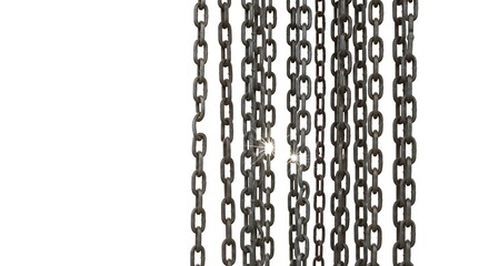 A collection of hanging metal chains against a white background.