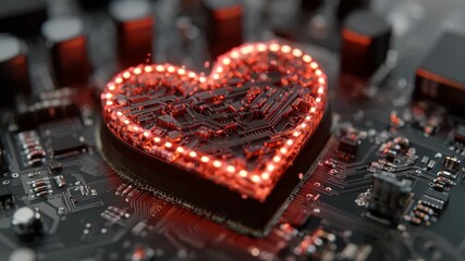 Red heart shape made of circuit board materials glowing on a dark electronic background, symbolizing love and technology in harmony - Powered by Adobe
