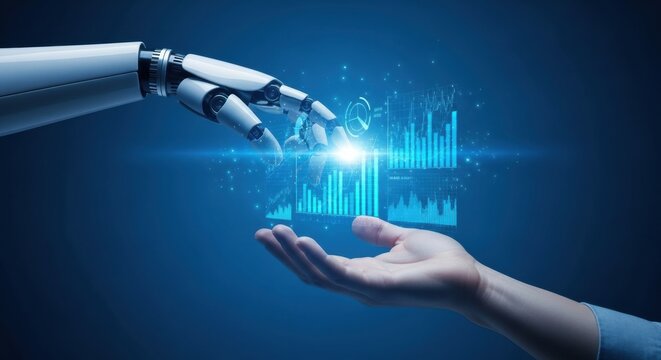 White robotic hand touching a glowing holographic interface with financial data charts held above a human palm on a dark blue background, representing future technology