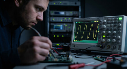 Technician analyzes electronic circuits using an oscilloscope in a lab setting