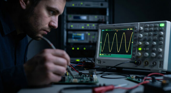 Technician analyzes electronic circuits using an oscilloscope in a lab setting