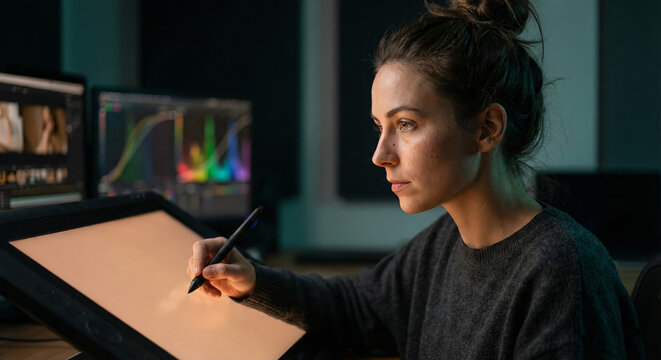 A designer artist focuses on her draw tablet while working in a modern studio