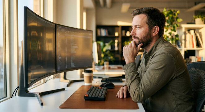 A trader focuses on dual monitors while working from home in a bright setting