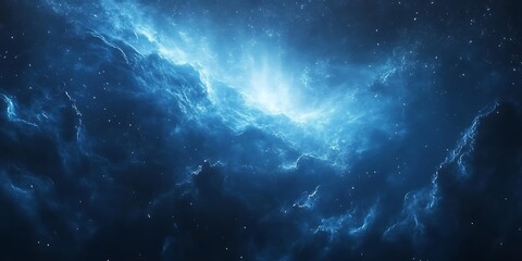 Naklejka premium A dramatic depiction of a blue nebula with bright center and scattered stars in deep space view