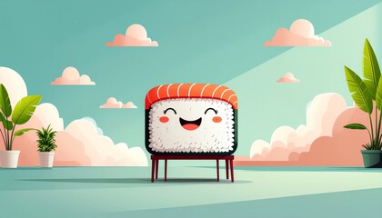 Cute sushi character for food branding, restaurant menus, social media posts, and website design with a fun and playful theme.
