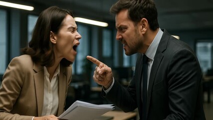 Two colleagues argue heatedly in office, exchanging sharp words. intensity of professional conflict and emotional toll of workplace tension. woman and man are arguing bitterly in office. - Powered by Adobe