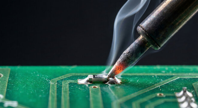 A person solders a printed circuit board creating connections with precision and care - Powered by Adobe