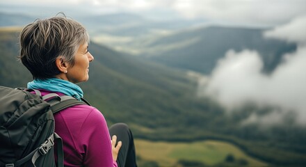 Fototapeta premium Mature woman with short gray hair, wearing a purple jacket and backpack, enjoys breathtaking mountain view, surrounded by lush greenery and soft clouds, reflecting on nature's beauty