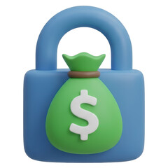 3d security icon risk protect money lock in blue with green bag symbol