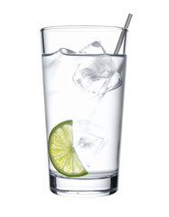 Clear and crisp vodka tonic cocktail in a highball glass with a lime wedge, a classic simple mixed drink, isolated on a bright white background
