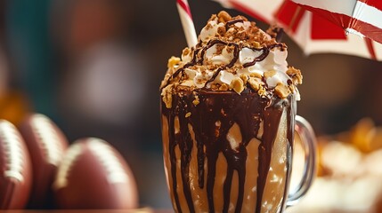 A peanut butter and chocolate swirl milkshake under a football themed umbrella at game