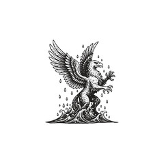 Fototapeta premium vector illustration of a majestic Griffin or Gryphon standing aggressively on churning ocean waves with drops of water falling around it