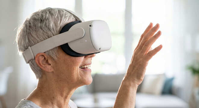 A smiling woman is immersed in a virtual reality session at home exploring new worlds