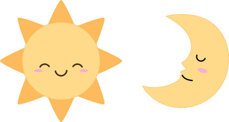 Cute Sun and Crescent Moon Cartoon, Funny Sun and Moon with Smile Face for 