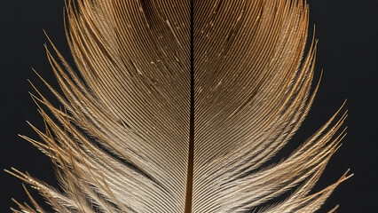 Macro view of a soft golden brown feather against black background