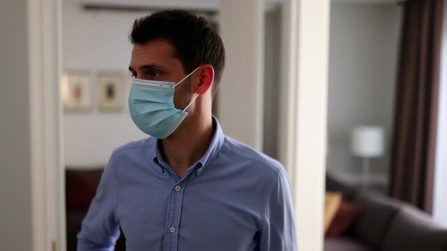 A man wearing a surgical mask adjusts the ear loop while glancing off to the side