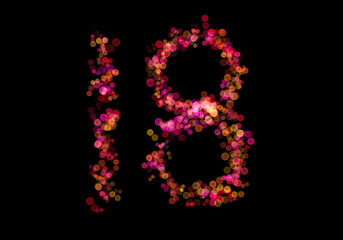 Number Eighteen, 18 made with multicolored bokeh lights effect, Bokeh abstract isolated on black background, Blur, Glitter, Defocused, Seamless polka dot pattern, Creative, Illustration design