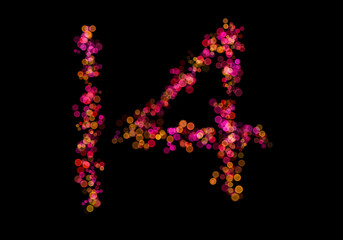Number Fourteen, 14 made with multicolored bokeh lights effect, Bokeh abstract isolated on black background, Blur, Glitter, Defocused, Seamless polka dot pattern, Creative, Illustration design