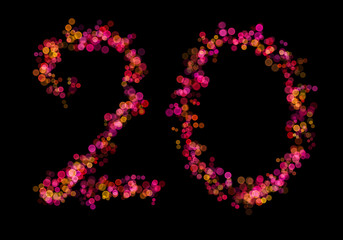 Number Twenty, 20 made with multicolored bokeh lights effect, Bokeh abstract isolated on black background, Blur, Glitter, Defocused, Seamless polka dot pattern, Creative, Illustration design