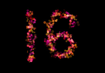Number Sixteen, 16 made with multicolored bokeh lights effect, Bokeh abstract isolated on black background, Blur, Glitter, Defocused, Seamless polka dot pattern, Creative, Illustration design