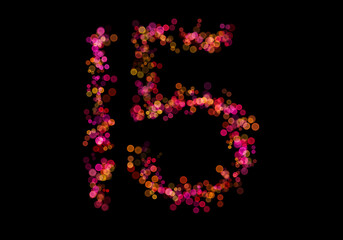 Number fifteen, 15 made with multicolored bokeh lights effect, Bokeh abstract isolated on black background, Blur, Glitter, Defocused, Seamless polka dot pattern, Creative, Illustration design