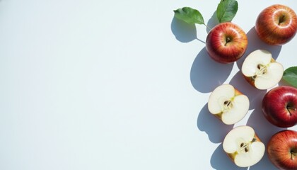 Fresh red ripe apples with green leaves, whole and sliced in half, arranged as a border on a white background with bright sunlight and harsh shadows, top view