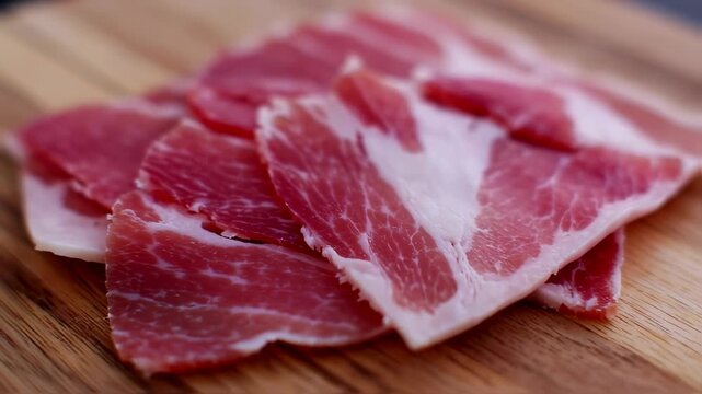 Thinly sliced cured meat with marbled fat on a wooden surface, showing detail and texture