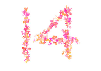Number Fourteen, 14 made with multicolored bokeh lights effect, Bokeh abstract isolated on white background, Blur, Glitter, Defocused, Seamless polka dot pattern, Creative, Illustration design
