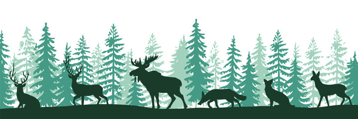 Forest Animals Hand Drawn Vector Illustration Featuring Stylized Wildlife Figures in a Natural Woodland Setting for Artistic Design and Creative Graphic Projects