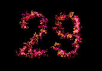 Number Twenty-night, 29 made with multicolored bokeh lights effect, Bokeh abstract isolated on black background, Blur, Glitter, Defocused, Seamless polka dot pattern, Creative, Illustration design