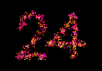 Number Twenty-four, 24 made with multicolored bokeh lights effect, Bokeh abstract isolated on black background, Blur, Glitter, Defocused, Seamless polka dot pattern, Creative, Illustration design