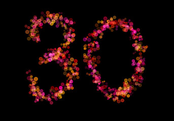 Number Thirty, 30 made with multicolored bokeh lights effect, Bokeh abstract isolated on black background, Blur, Glitter, Defocused, Seamless polka dot pattern, Creative, Illustration design