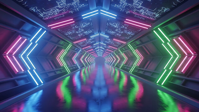 Abstract Futuristic Tunnel With Neon Lights and Reflections - Powered by Adobe