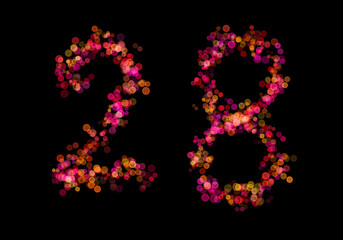 Number Twenty- eight, 28 made with multicolored bokeh lights effect, Bokeh abstract isolated on black background, Blur, Glitter, Defocused, Seamless polka dot pattern, Creative, Illustration design