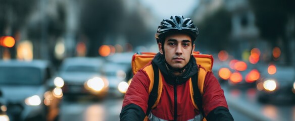 Bicycle courier weaves through chaotic urban traffic feeling tension and urgency during daytime.