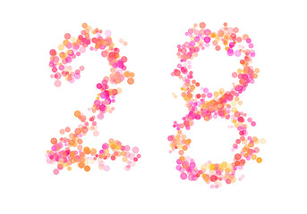 Number Twenty-eight, 28 made with multicolored bokeh lights effect, Bokeh abstract isolated on white background, Blur, Glitter, Defocused, Seamless polka dot pattern, Creative, Illustration design