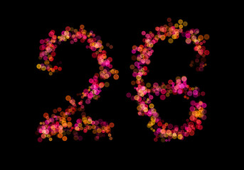 Number Twenty-six, 26 made with multicolored bokeh lights effect, Bokeh abstract isolated on black background, Blur, Glitter, Defocused, Seamless polka dot pattern, Creative, Illustration design