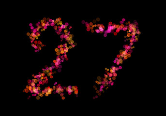 Number Twenty-seven, 27 made with multicolored bokeh lights effect, Bokeh abstract isolated on black background, Blur, Glitter, Defocused, Seamless polka dot pattern, Creative, Illustration design