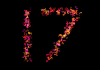 Number Seventeen, 17 made with multicolored bokeh lights effect, Bokeh abstract isolated on black background, Blur, Glitter, Defocused, Seamless polka dot pattern, Creative, Illustration design