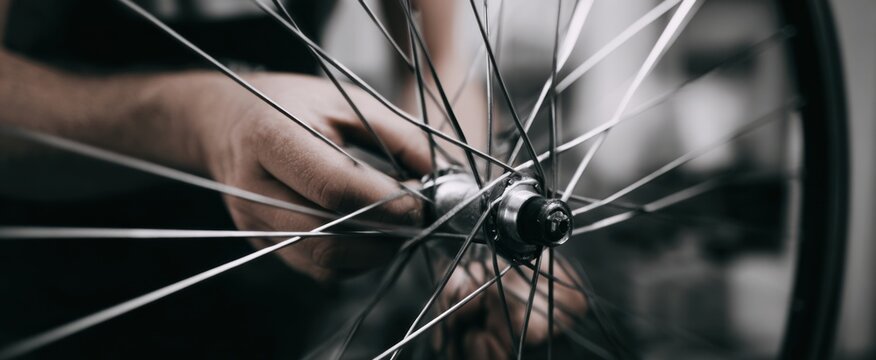 Bike mechanic carefully tuning spokes with focused passion and dedication to every turn wheel.