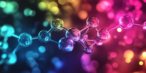 A close up of a molecular structure with colorful bokeh lights in the background and glass spheres