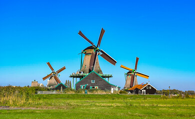 Classic Dutch countryside view with traditional windmills, green fields, and blue sky.