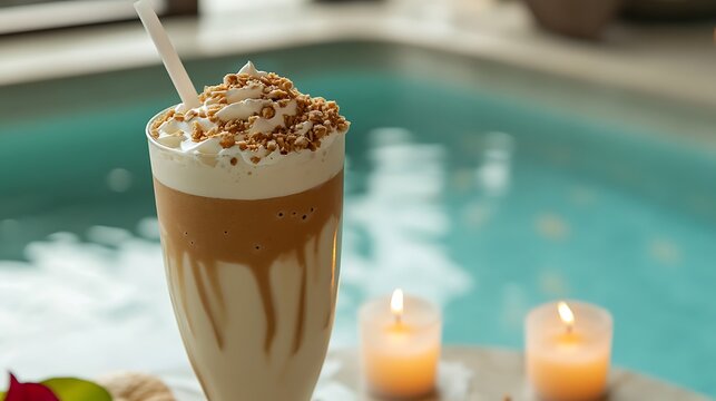 A peanut butter milkshake with cream topping romantic candles and serene poolside vibes