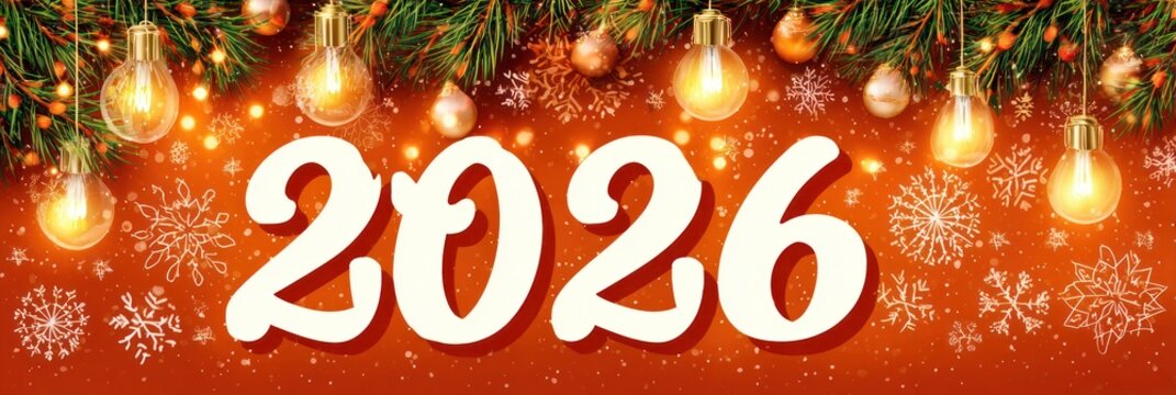 Happy new year 2026 banner with festive christmas decorations and snowflakes - Powered by Adobe