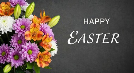 Beautiful spring flower arrangement with happy easter greeting