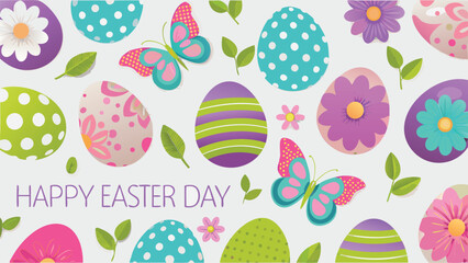 Happy easter day greeting with colorful decorated eggs butterflies flowers and green leaves on a light background festive spring holiday celebration design