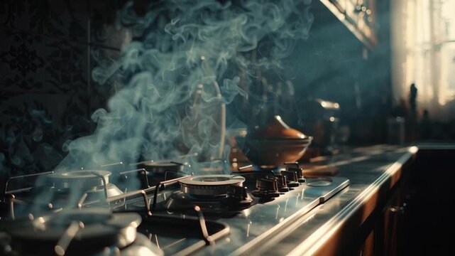 Smoke rising over stovetop and steam rising from stovetop sunlit kitchen with warm morning light, gas burner cookware countertop, indoor pollution